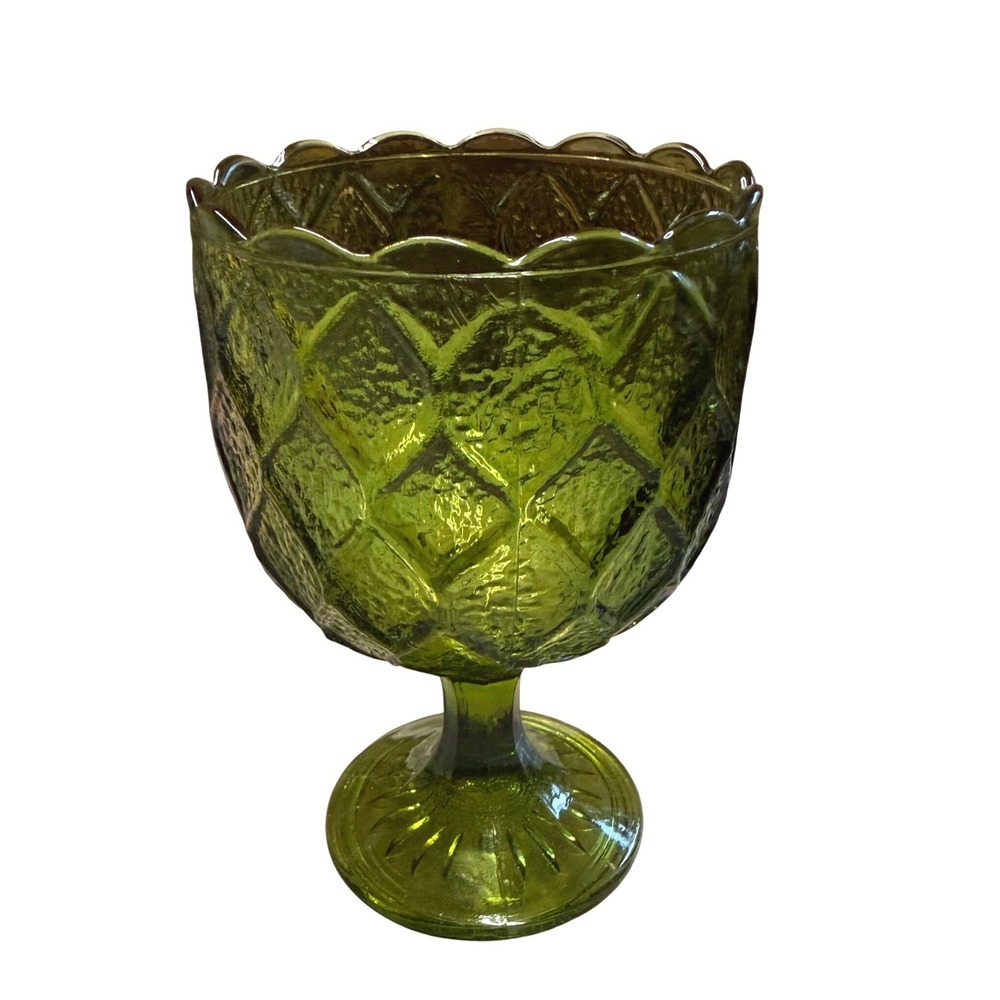 Vintage Olive Green Goblet Diamond Pattern Candy‎ Dish